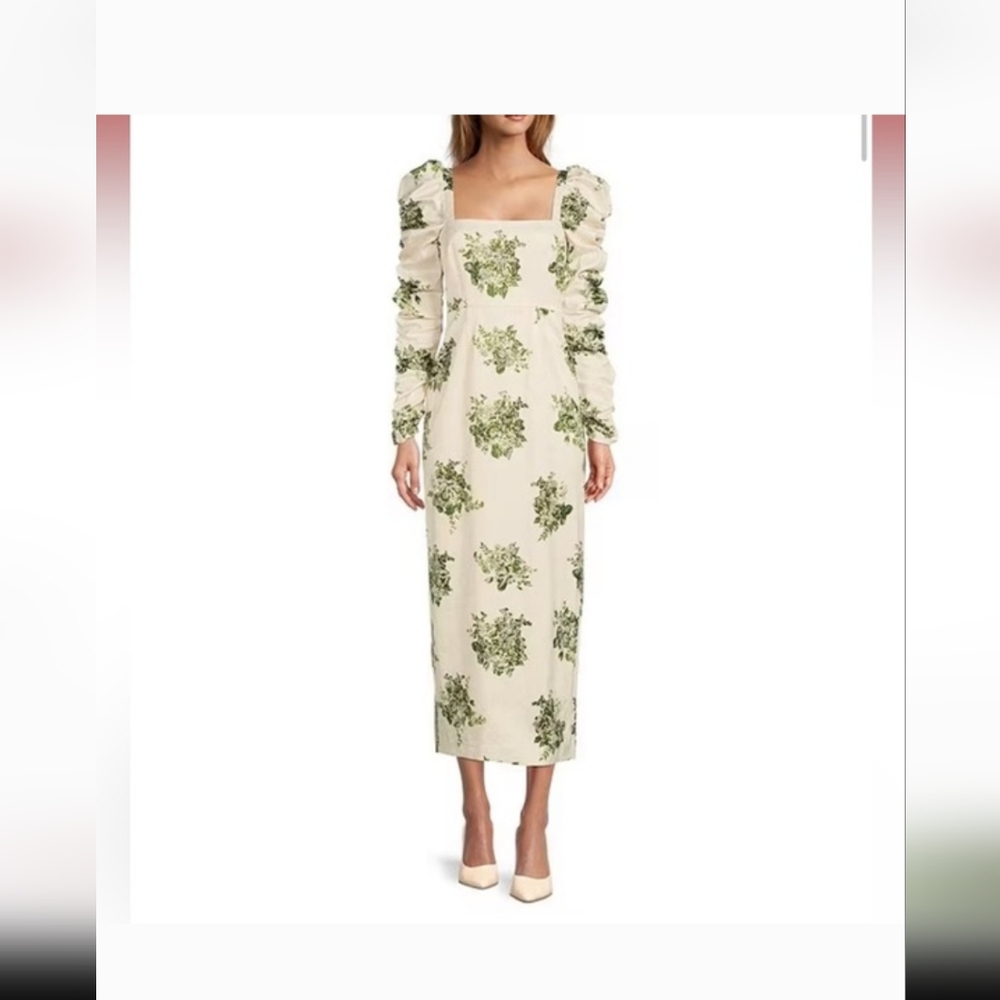 ANTONIO MELANI Cream Long Sleeve Midi Dress with Green Floral Print
